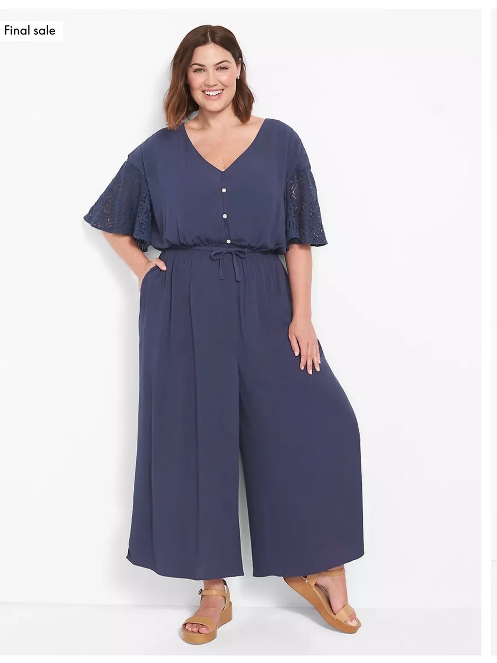 Lane Bryant Contrast Sleeve Button Front Jumpsuit | Mood Indigo | Size 14 | NWT